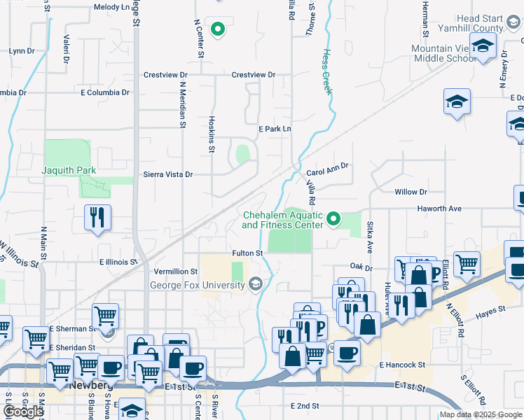 map of restaurants, bars, coffee shops, grocery stores, and more near 1221 Fulton Street in Newberg