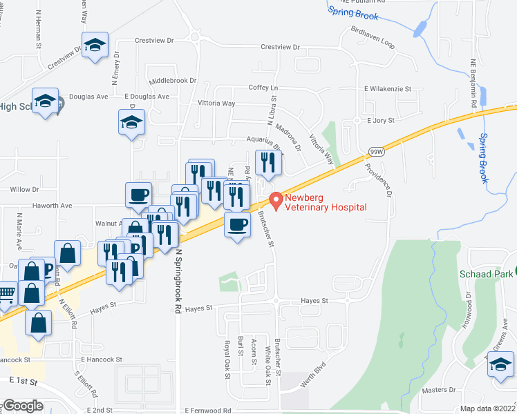 map of restaurants, bars, coffee shops, grocery stores, and more near Rte 99W & Brutscher St in Newberg