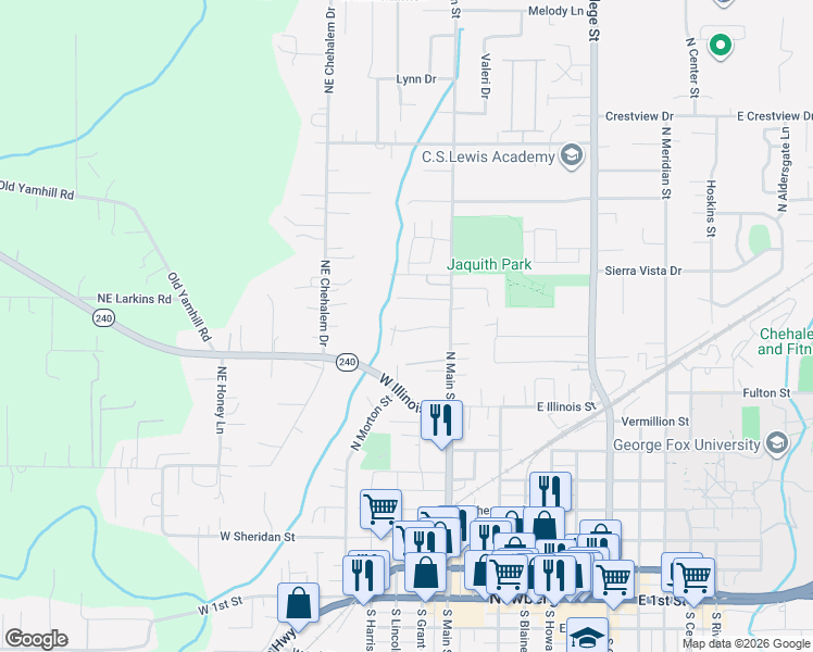 map of restaurants, bars, coffee shops, grocery stores, and more near 155 Aaron Way in Newberg