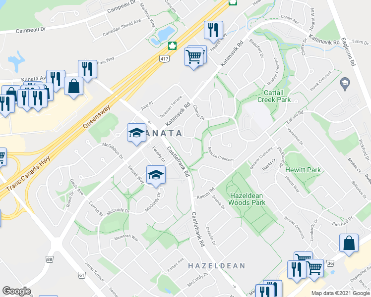 map of restaurants, bars, coffee shops, grocery stores, and more near 101 McClintock Way in Ottawa