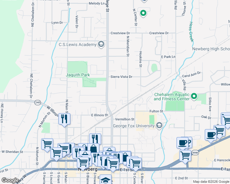 map of restaurants, bars, coffee shops, grocery stores, and more near 1103 North Meridian Street in Newberg