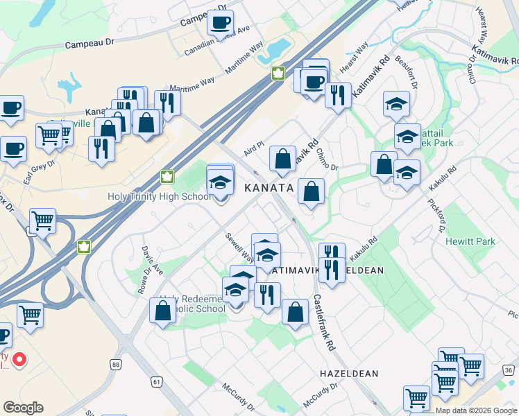 map of restaurants, bars, coffee shops, grocery stores, and more near 240 Fenerty Court in Ottawa