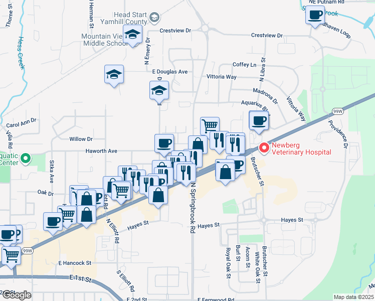 map of restaurants, bars, coffee shops, grocery stores, and more near in Newberg