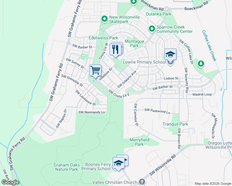 map of restaurants, bars, coffee shops, grocery stores, and more near 28689 Southwest Costa Circle East in Wilsonville