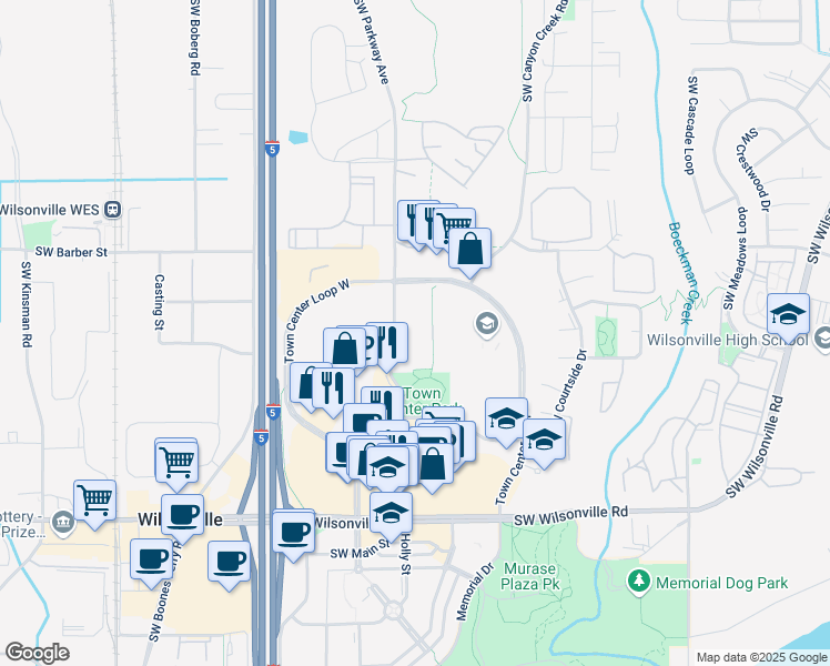 map of restaurants, bars, coffee shops, grocery stores, and more near 29250 Southwest Parkway Court in Wilsonville