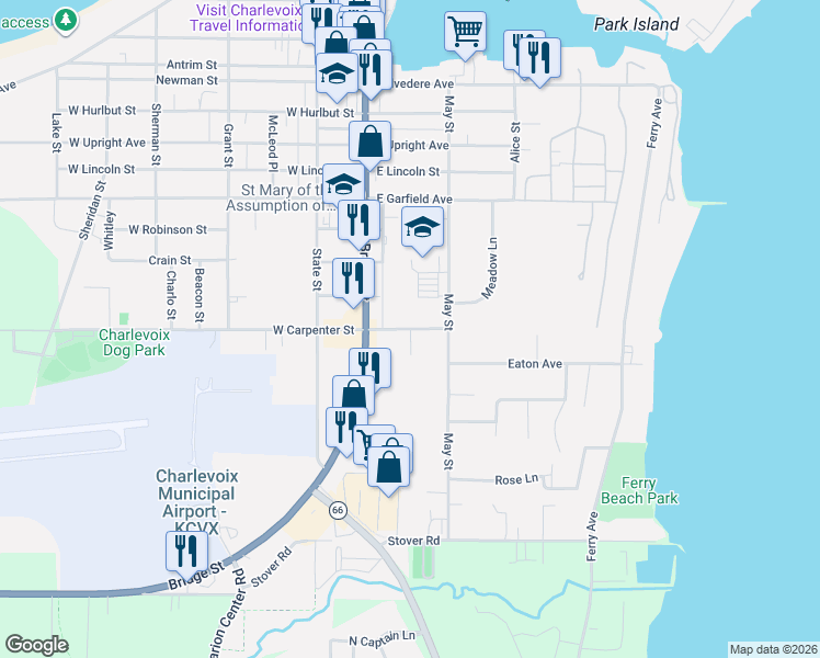 map of restaurants, bars, coffee shops, grocery stores, and more near 200 Kipke Lane in Charlevoix