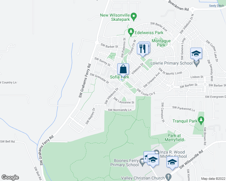 map of restaurants, bars, coffee shops, grocery stores, and more near 29343 Southwest Villebois Drive South in Wilsonville