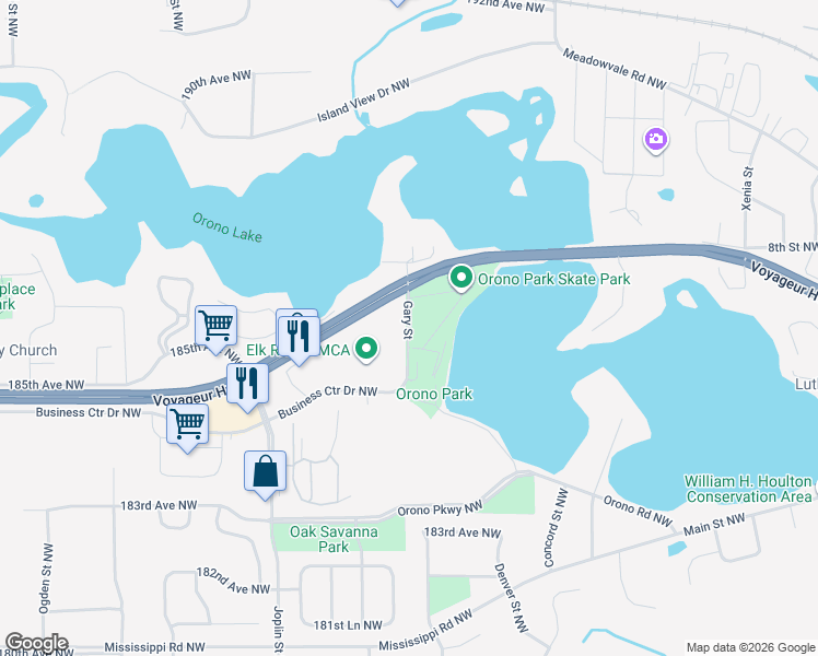 map of restaurants, bars, coffee shops, grocery stores, and more near 18600 Gary Street Northwest in Elk River