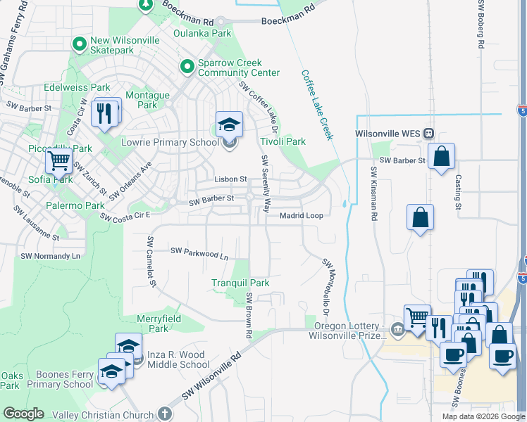 map of restaurants, bars, coffee shops, grocery stores, and more near 29367 Southwest Serenity Way in Wilsonville