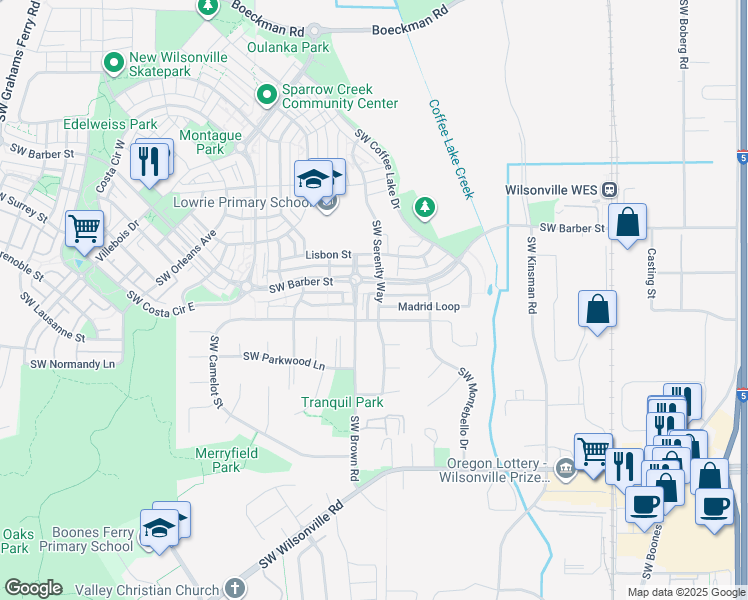 map of restaurants, bars, coffee shops, grocery stores, and more near 29301 Southwest Serenity Way in Wilsonville