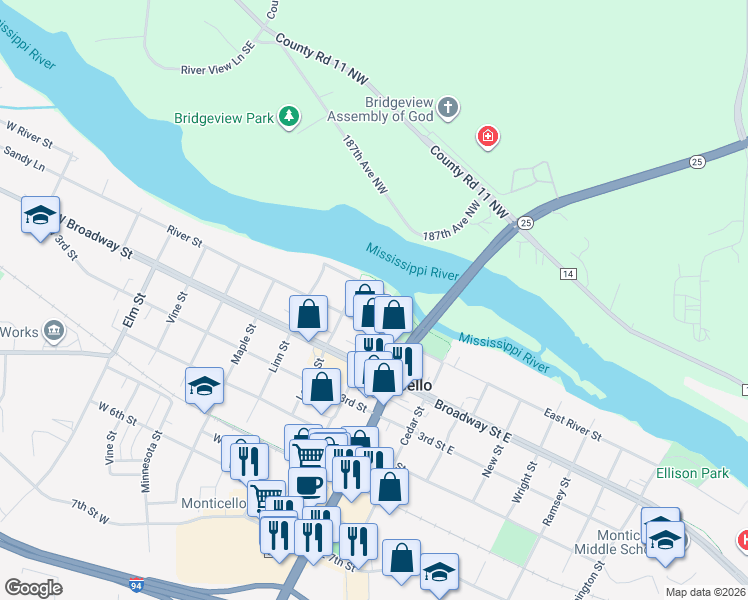 map of restaurants, bars, coffee shops, grocery stores, and more near 200 River Street West in Monticello