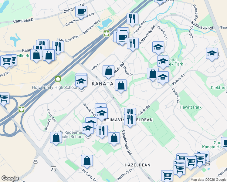map of restaurants, bars, coffee shops, grocery stores, and more near 82 McClintock Way in Ottawa