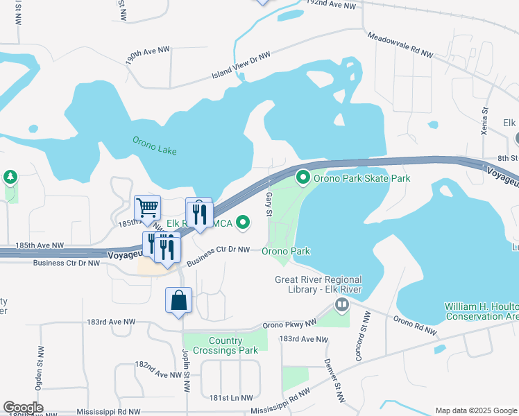 map of restaurants, bars, coffee shops, grocery stores, and more near 18600 Gary Street Northwest in Elk River