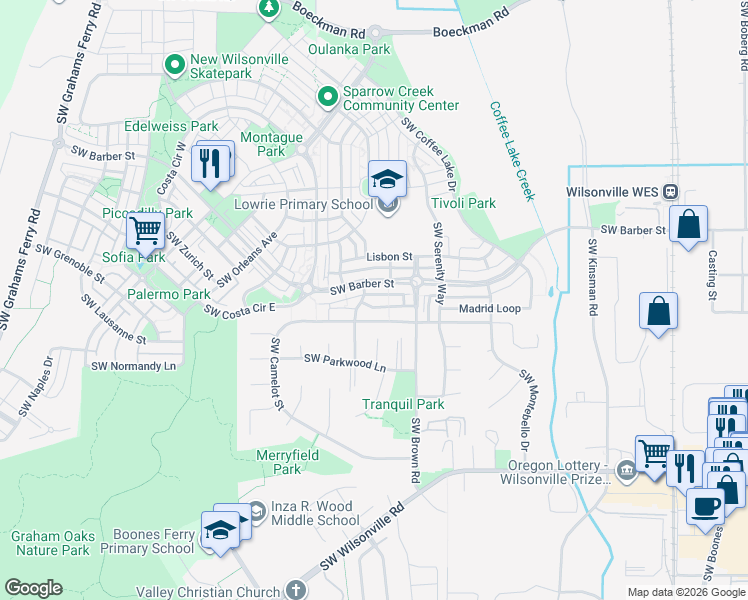 map of restaurants, bars, coffee shops, grocery stores, and more near 10799 Southwest London Lane in Wilsonville