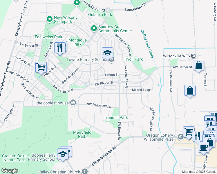 map of restaurants, bars, coffee shops, grocery stores, and more near 29370 Yosemite Way in Wilsonville