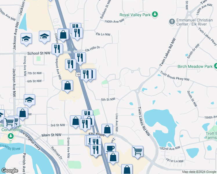 map of restaurants, bars, coffee shops, grocery stores, and more near 514 Auburn Place Northwest in Elk River