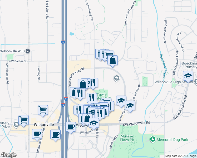 map of restaurants, bars, coffee shops, grocery stores, and more near 29250 Southwest Parkway Court in Wilsonville
