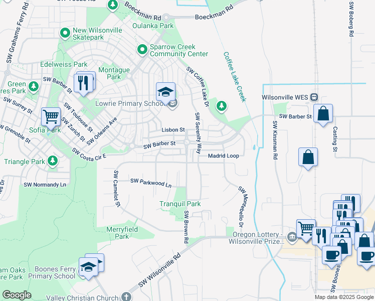 map of restaurants, bars, coffee shops, grocery stores, and more near 28995 Southwest Brown Road in Wilsonville