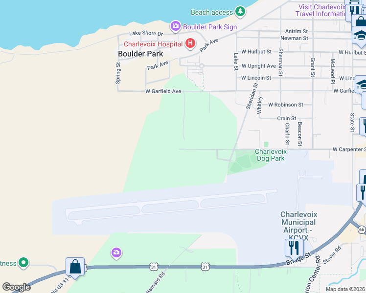 map of restaurants, bars, coffee shops, grocery stores, and more near 7010 Applewood Drive in Charlevoix