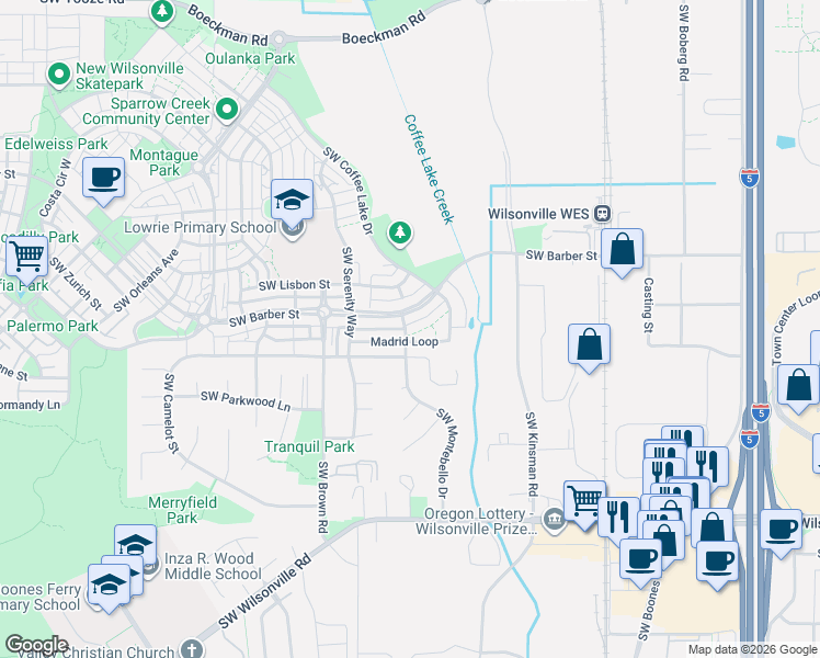 map of restaurants, bars, coffee shops, grocery stores, and more near 10291 Southwest Madrid Loop in Wilsonville