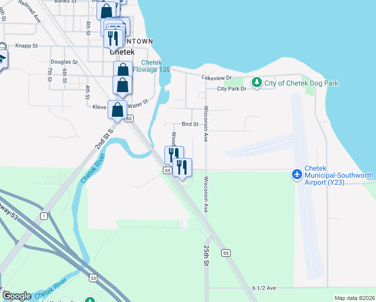 map of restaurants, bars, coffee shops, grocery stores, and more near 275 Nielsen Lane in Chetek