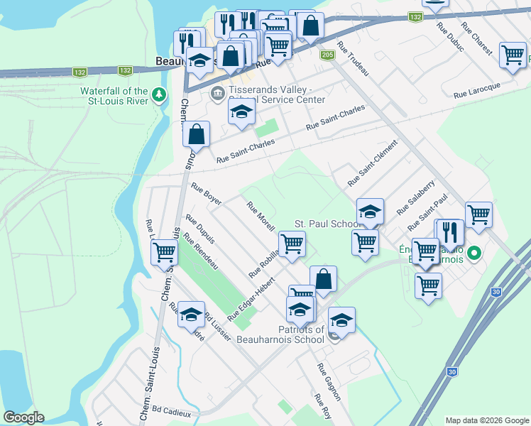 map of restaurants, bars, coffee shops, grocery stores, and more near 34 Rue Morell in Beauharnois