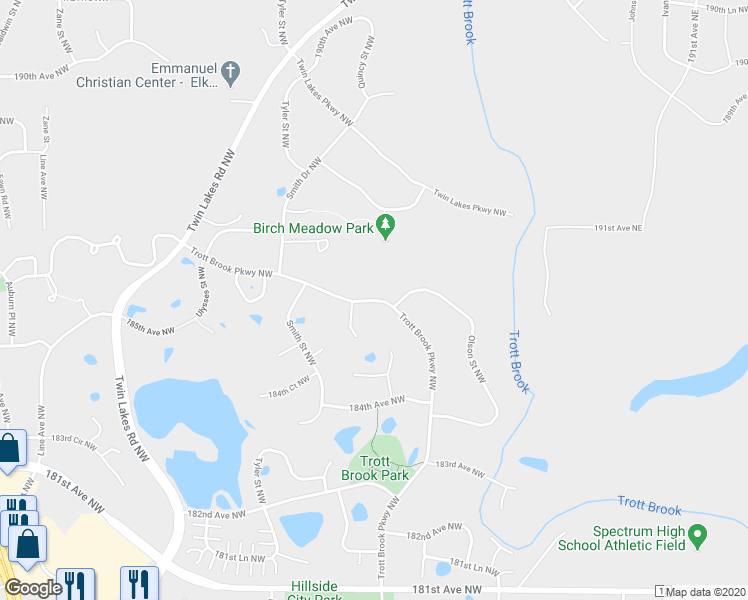 map of restaurants, bars, coffee shops, grocery stores, and more near 18663 Trott Brook Parkway Northwest in Elk River