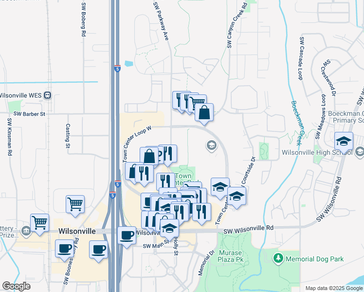 map of restaurants, bars, coffee shops, grocery stores, and more near 29250 Southwest Parkway Court in Wilsonville