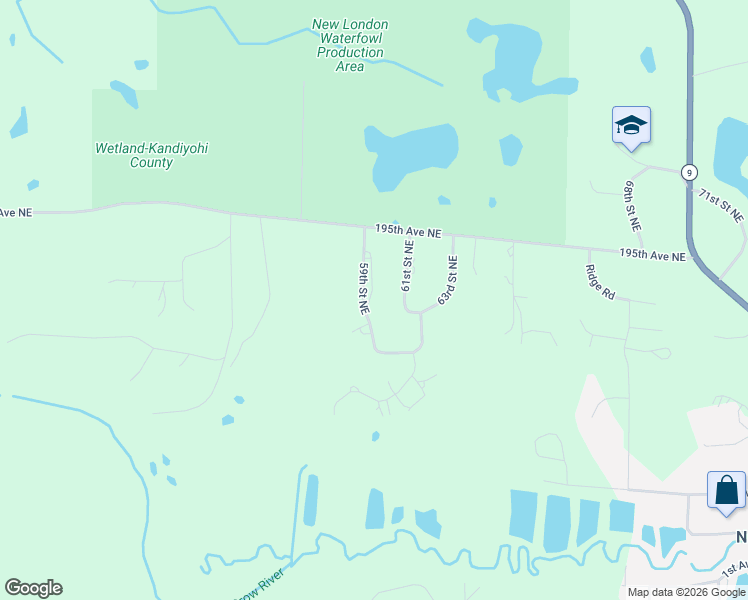 map of restaurants, bars, coffee shops, grocery stores, and more near 19252 59th Street Northeast in New London