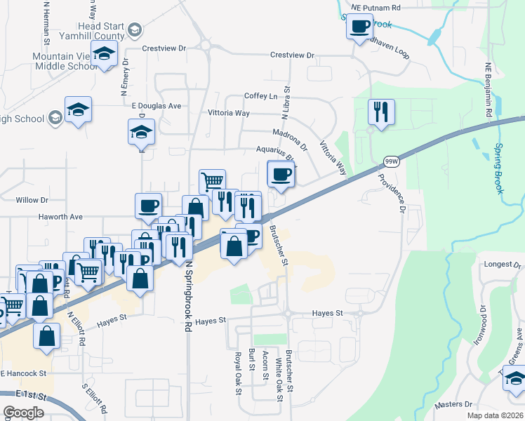 map of restaurants, bars, coffee shops, grocery stores, and more near 3420 Portland Road in Newberg