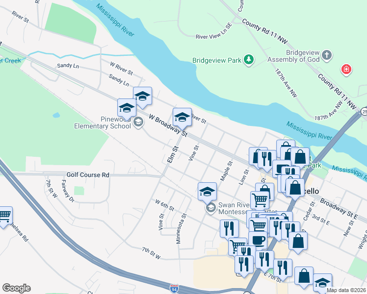map of restaurants, bars, coffee shops, grocery stores, and more near 303 Vine Street in Monticello