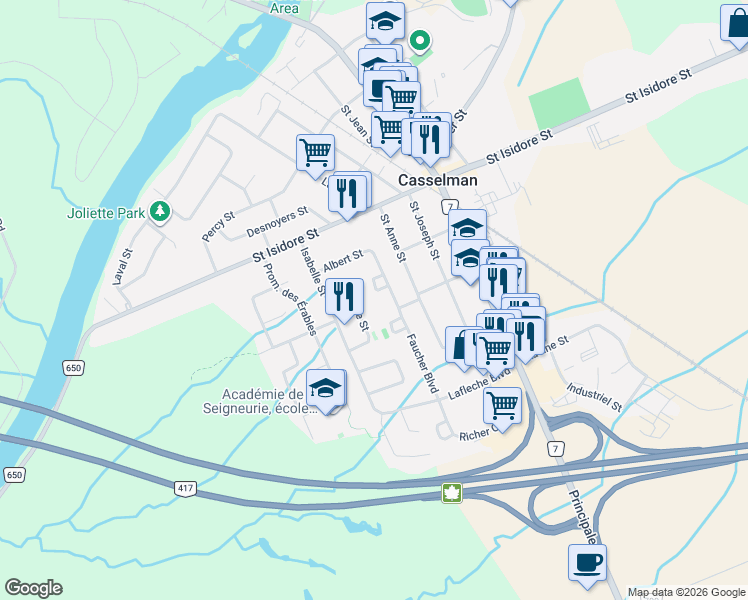 map of restaurants, bars, coffee shops, grocery stores, and more near 26 Faucher Boulevard in Casselman