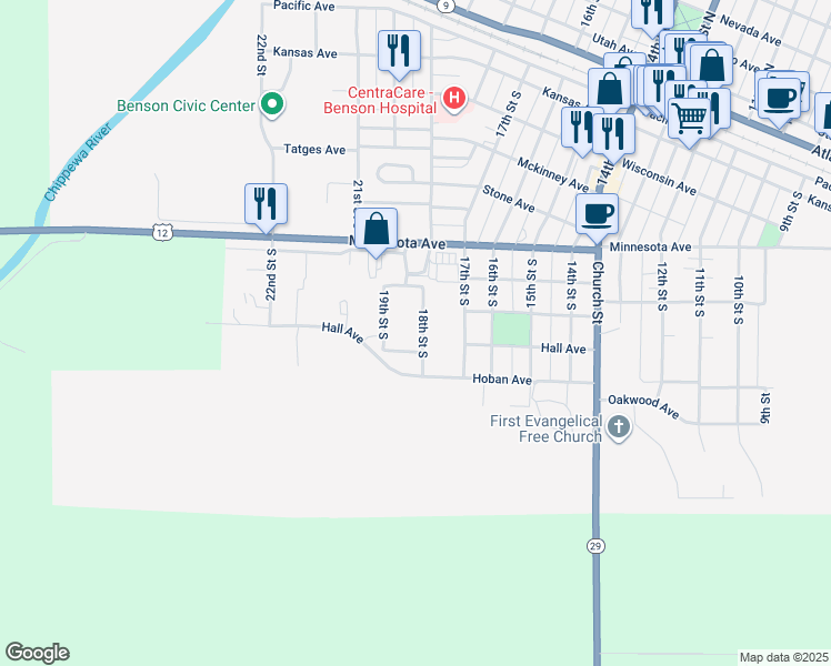 map of restaurants, bars, coffee shops, grocery stores, and more near 706 18th Street South in Benson