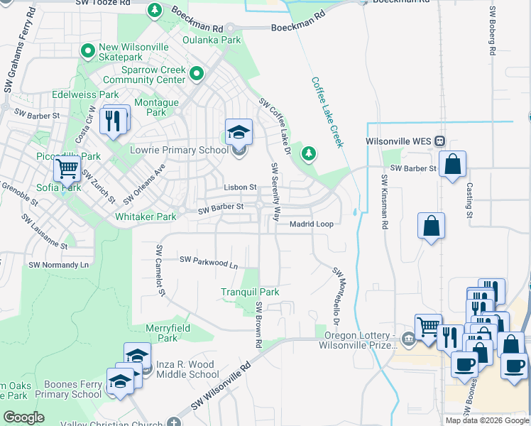 map of restaurants, bars, coffee shops, grocery stores, and more near 10590 Southwest Barber Street in Wilsonville