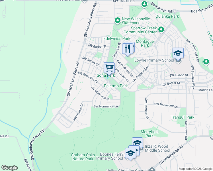map of restaurants, bars, coffee shops, grocery stores, and more near 29266 Southwest Villebois Drive South in Wilsonville