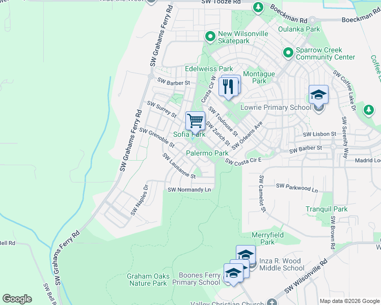 map of restaurants, bars, coffee shops, grocery stores, and more near 29266 Southwest Villebois Drive South in Wilsonville