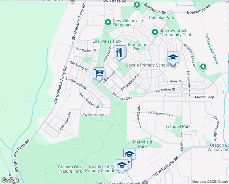 map of restaurants, bars, coffee shops, grocery stores, and more near 29185 Bergen Lane in Wilsonville