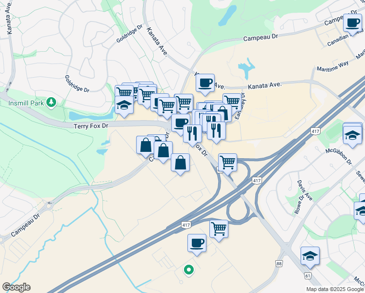 map of restaurants, bars, coffee shops, grocery stores, and more near 500 Terry Fox Drive in Ottawa