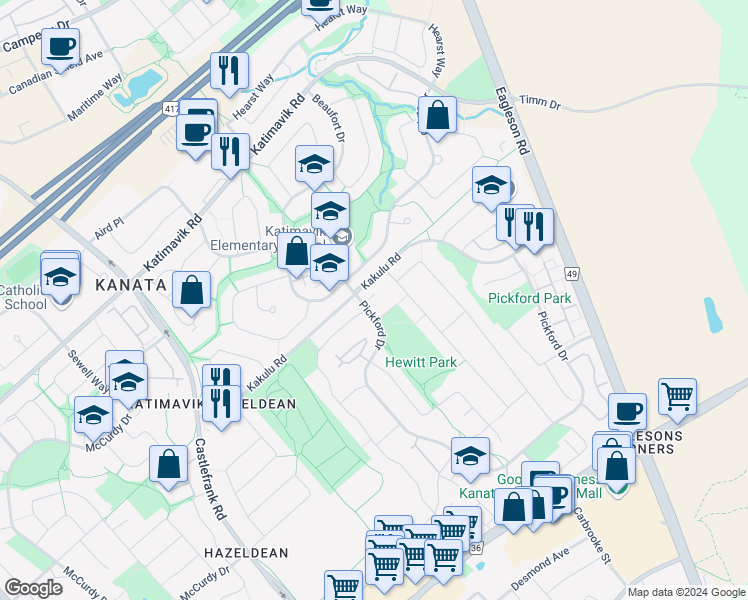 map of restaurants, bars, coffee shops, grocery stores, and more near 6 Berton Place in Ottawa