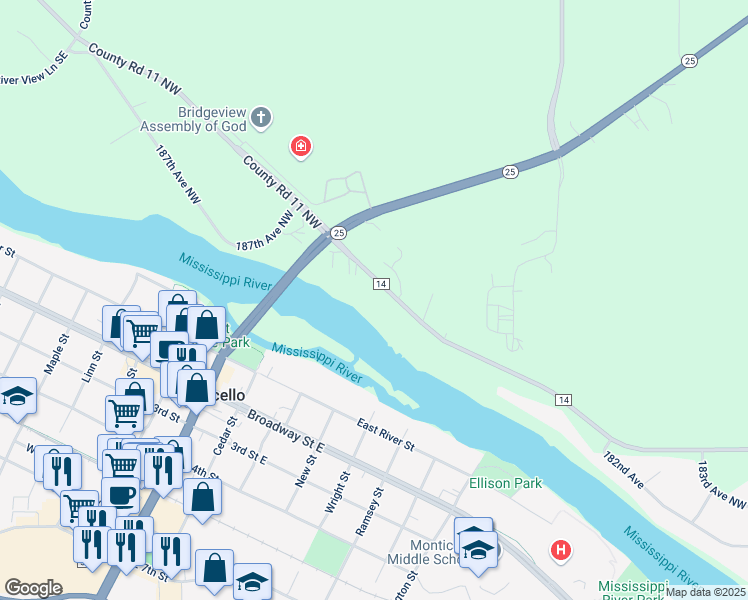 map of restaurants, bars, coffee shops, grocery stores, and more near 20271 County Road 14 in Big Lake