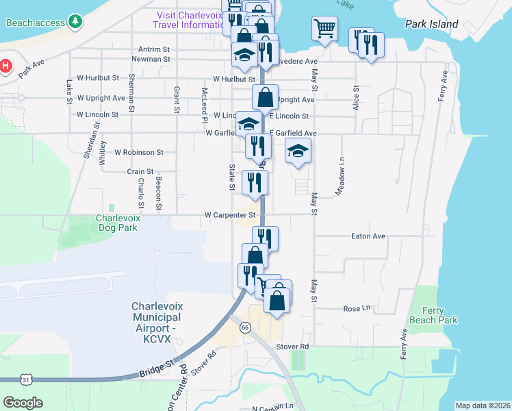 map of restaurants, bars, coffee shops, grocery stores, and more near 199 East Green Street in Charlevoix