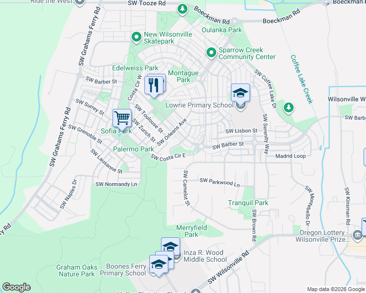 map of restaurants, bars, coffee shops, grocery stores, and more near 29190 Southwest Charlotte Lane in Wilsonville