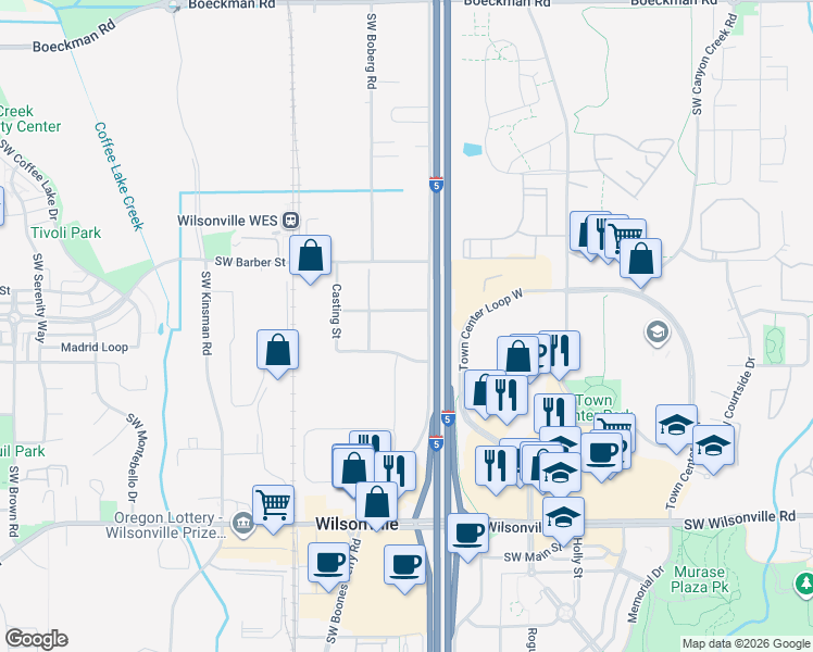 map of restaurants, bars, coffee shops, grocery stores, and more near 9201-9257 SW Peyton Ln in Wilsonville