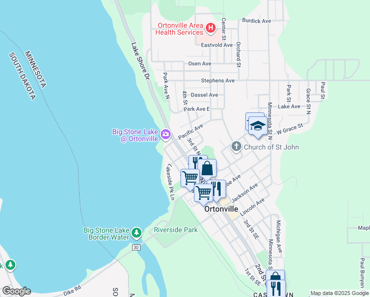 map of restaurants, bars, coffee shops, grocery stores, and more near 412 2nd Street Northwest in Ortonville