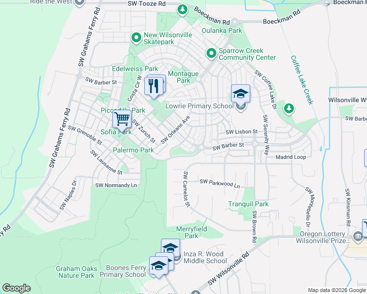 map of restaurants, bars, coffee shops, grocery stores, and more near 29190 Southwest Charlotte Lane in Wilsonville