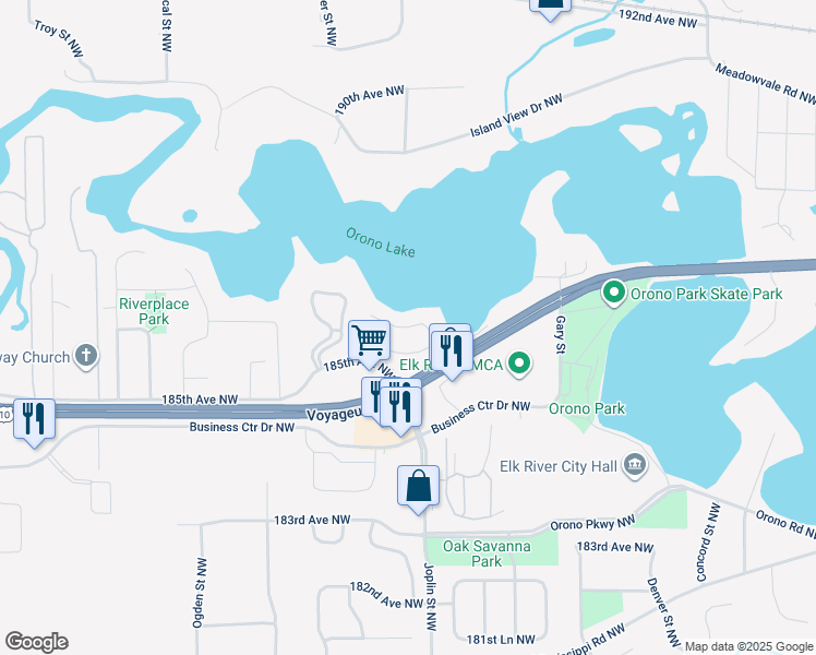 map of restaurants, bars, coffee shops, grocery stores, and more near 185th Lane Northwest in Elk River