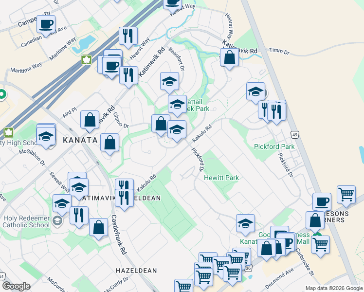 map of restaurants, bars, coffee shops, grocery stores, and more near 69 Chimo Drive in Ottawa
