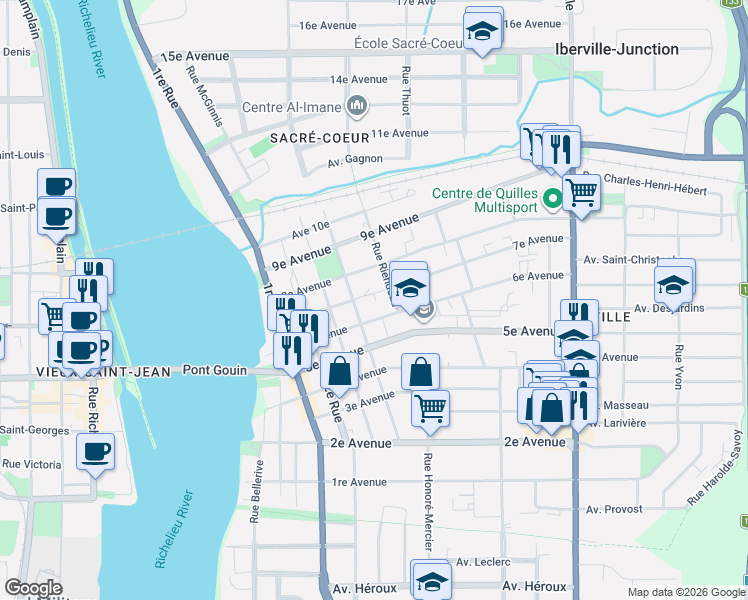 map of restaurants, bars, coffee shops, grocery stores, and more near 259 7e Avenue in Saint-Jean-sur-Richelieu