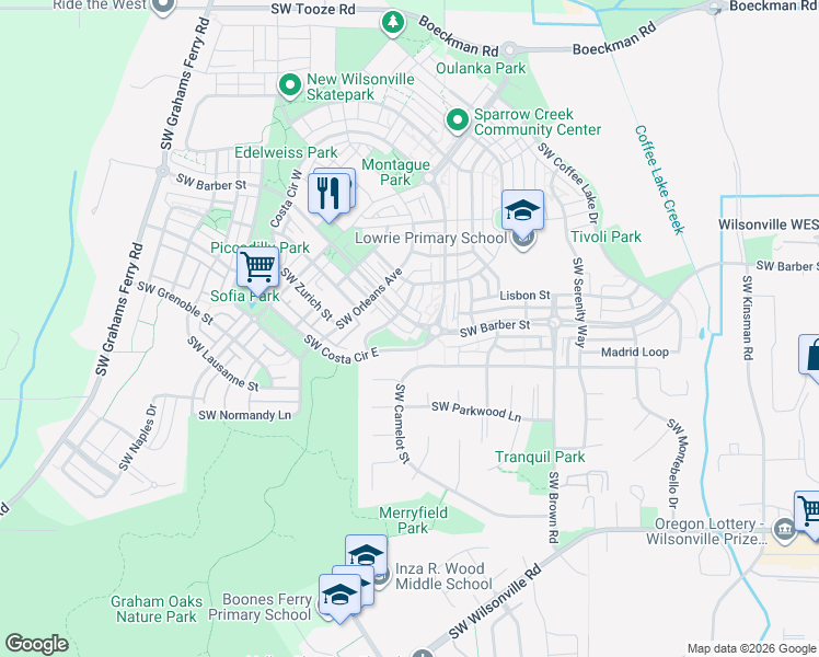 map of restaurants, bars, coffee shops, grocery stores, and more near 11168 Southwest Barber Street in Wilsonville
