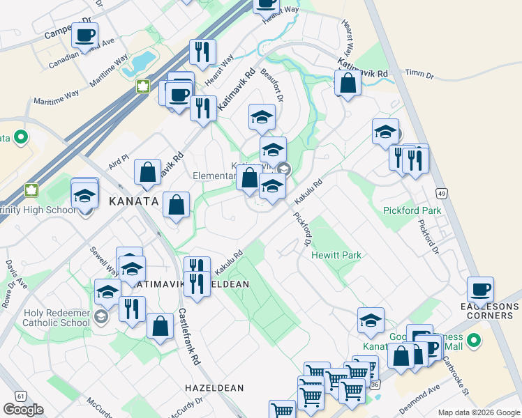 map of restaurants, bars, coffee shops, grocery stores, and more near 84 Chimo Drive in Ottawa